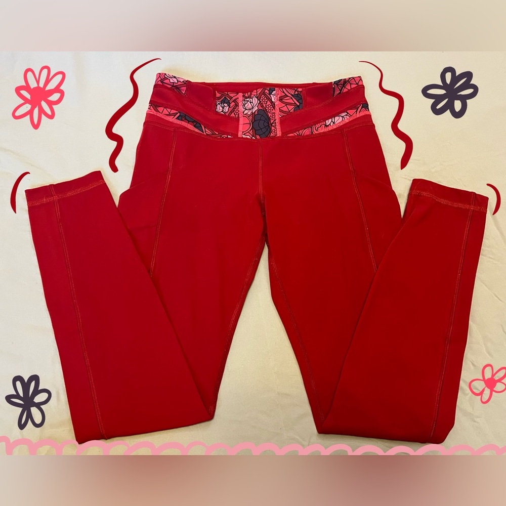 Lululemon Red Yoga Pants with Pattern Waist Band